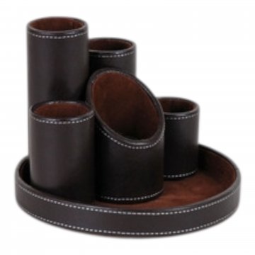 Stiftehalter ASCOT Leder braun, helle Nähte, 5 Röhren mit Rundschale ø 18 cm