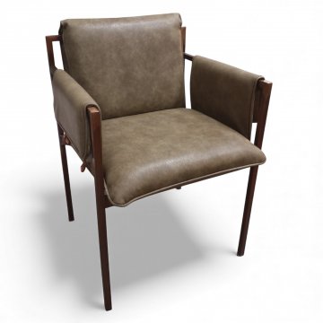 Stuhl, Custom Jack, Gestell Metall Kupferfarben, Bezug strukturiertes Kunstleder dunkelgrün mit seitlichen Knöpfen