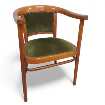 Armlehnstuhl, ZWJ, Thonet halbrund, Ring, Rücken- und Sitzpolster grün Velours abgenagelt