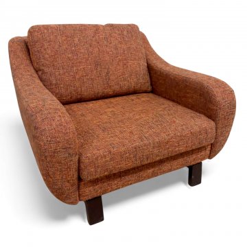 Sessel, Vollpolster rost, gerundet, 2 lose Polsterkissen, Holzfüße dkl.braun, B97xT100xH75