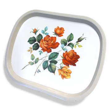 Tablett, Rosenköpfe rot, Metall weiß, L40xB32