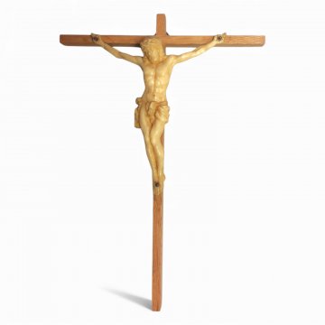Kruzifix Holz, Korpus hell beige K.stoff., rechte Hand abgebrochen, H17xB12