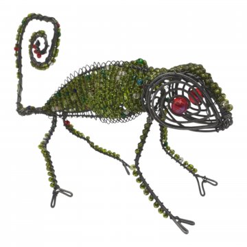 Figur, Chamäleon aus Draht und Perlen, grün mit roten Augen