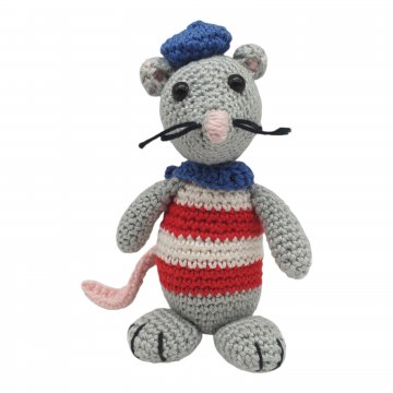 Häkelfigur, Maus mit Hut, grau, ca.13cm Handarbeit