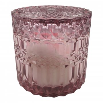 Deckeldose, Glas, rosa, rund, geriffelt, mit Watte gefüllt