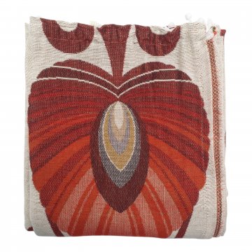 Vorhang H260xB105, beige/orange/rot, wollartiges Mischgewebe, großes, abstraktes Blattmuster, 70er Jahre, vintage, mit Gardinenband