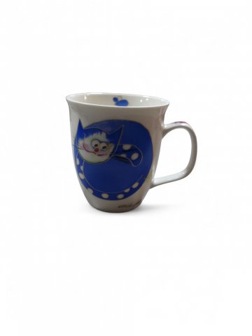 Tasse KATZE, Keramik, weiss ,blau, H 11 cm ,D 10 cm 