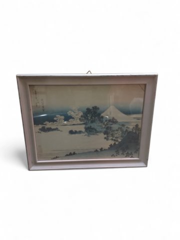 Zeichnung Japanische Landschaft/Fuji, heller Rahmen, 36x46cm, RECHTE UNKLAR !Glas Ecke defekt