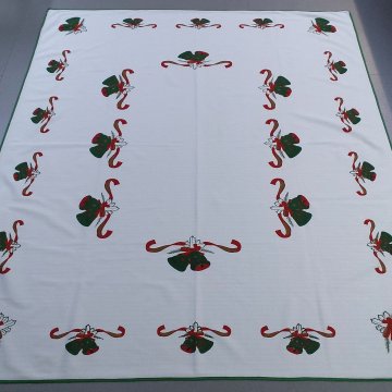 Tischdecke 165x145 weiß, gedruckte Glocken in grün + rot, grün eingefasst, Weihnachten