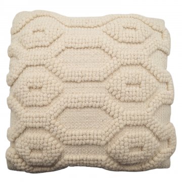 Kissen 42x42, Wollmix, creme, Wabenmuster aus Noppen, Rückseite Baumwolle