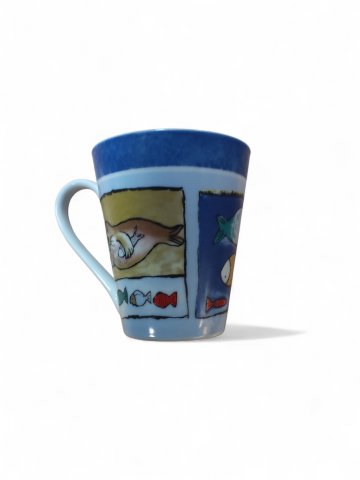 Tasse FISCH, Keramik, weiss ,blau, H 10 cm ,D 8,5 cm 