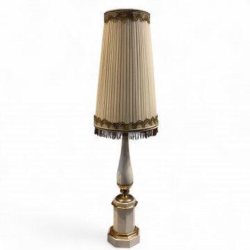 Tischlampe EKL,  weißes Holz mit Messing, Sockel eckig, Aufhängung oben, 2flg. E27, 87cm H