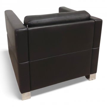 Sessel BRÜHL, Vollpolster Leder schwarz, Kastenform, Sitz kapituniert, Rückenkissen, Chromfüße quadr.