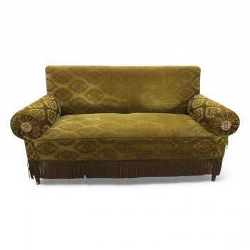 Sofa, Vollpolster Velours grün gemustert, gerade Rückenlehne, Arml. rund, Stengelfranse, 2-er, B160xT75xH85