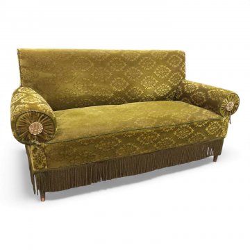 Sofa, Vollpolster Velours grün gemustert, gerade Rückenlehne, Arml. rund, Stengelfranse, 2-er, B160xT75xH85