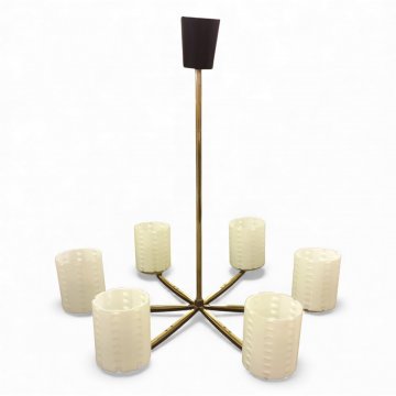 Hängelampe SECHS, Messing, 6 flg., Glaszylinderschirme geriffelt, Pendel Messing, Baldachin schwarz, H60, E27 max.60W