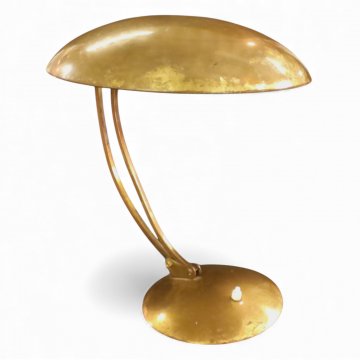 Schreibtischlampe KAISER IDELL 6764, Metall, Sockel Messing Ø19 mit Druckknopfschalter, Schwenkarme, Metallschirm flach Ø35, 1 flg. E27 max.60W, H41