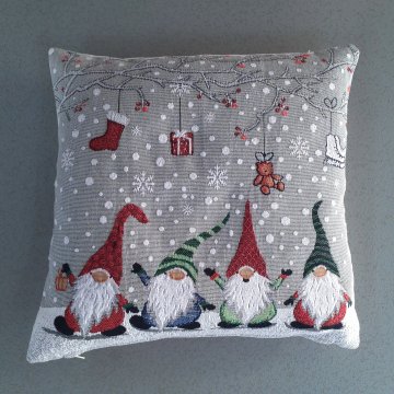 Kissen 40x40 Gobelin, hellgrau, 4 bunte Wichtel, Rückseite creme, Federinlett blau, Weihnachten