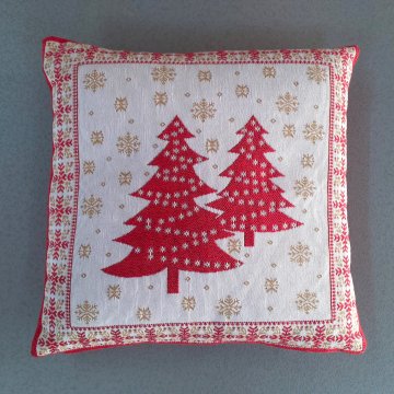 Kissen 40x40 Gobelin, hellbeige, 2 rote Tannenbäume, goldene Schneeflocken, Rückseite rot, Federinlett, Weihnachten