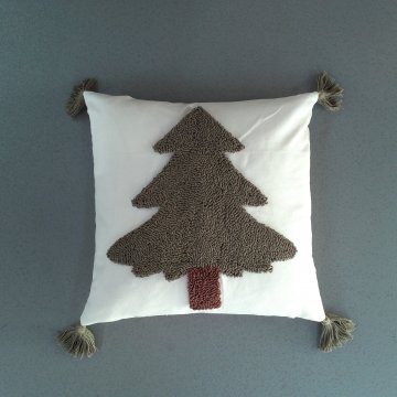 Kissen 45x45 creme, grüner Tannenbaum mit braunem Stamm, Stickerei, 4 Quasten in grün,  Federinlett, Weihnachten