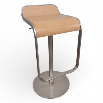 Barhocker LEM, Schichtholz Eiche hell, Fußbügel Säule und Tellersockel Edelstahl, höhenverstellbar, H68-81