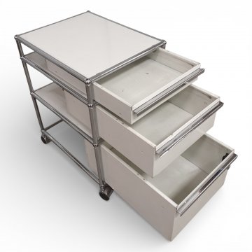 Rollcontainer USM Haller, Metall weiß, 3 Schübe, Chromgestell, B42xT52xH63