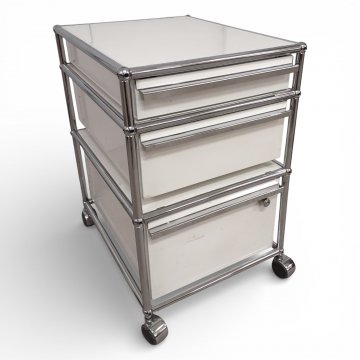 Rollcontainer USM Haller, Metall weiß, 3 Schübe, Chromgestell, B42xT52xH63