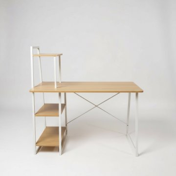 Schreibtisch, Holz, Eiche Nachbildung, Metallgestell weiß, integriertes Regal, mit Ablagen, mit optional Magnettafel zum Aufhängen