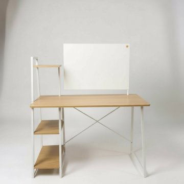 Schreibtisch, Holz, Eiche Nachbildung, Metallgestell weiß, integriertes Regal, mit Ablagen, mit optional Magnettafel zum Aufhängen