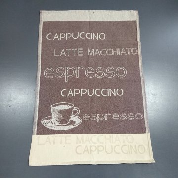 Geschirrtuch 70x48 Schriftzüge Kaffeearten + Kaffeetasse, beige braun, Leinen (Blindenwerkstatt)