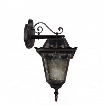 Wandlaterne patiniert, Schmiedeeisenoptik, 8-fach verglast, gerader Ausleger mit Ornament, 1-flg. E27