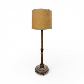 Stehlampe, 20er Jahre, großer runder Holzsockel, verzierte Säule, großer Pappschirm baun, Goldkante