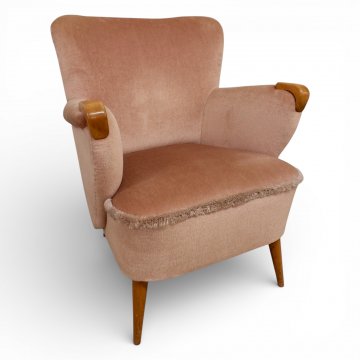 Sessel, Cocktailsessel, Bezug Samt Rosa, Armlehnen mit Holzauflage