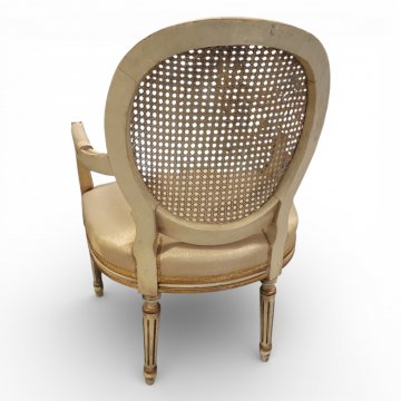 Sessel, Louis XVI, weiß/gold, offene Armlehnen, Stoffbezug, beige mit goldenem Glitzer