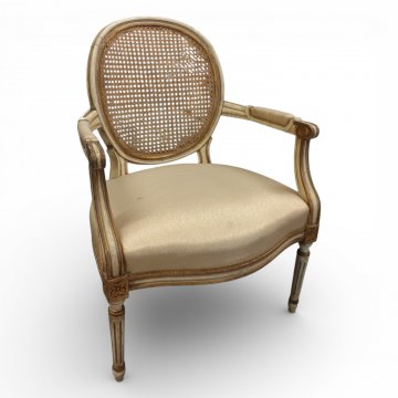Sessel, Louis XVI, weiß/gold, offene Armlehnen, Stoffbezug, beige mit goldenem Glitzer