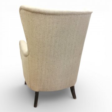 Ohrensessel SIJ beiger Wollstoff, dunkelbraune Holzbeine