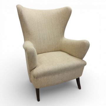 Ohrensessel SIJ beiger Wollstoff, dunkelbraune Holzbeine