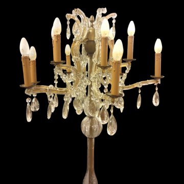 Standkandelaber BAR 6+6-flg, 6 Messingfüße auf Holzplatt + Kristalle, ø 50cm, H:200cm, 