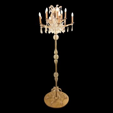 Standkandelaber BAR 6+6-flg, 6 Messingfüße auf Holzplatt + Kristalle, ø 50cm, H:200cm, 
