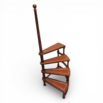 Büchertreppe, EKL, Eibe, gedrehte Säule, Puppe, 4 Stufen, rot Leder, gepunzt, 42x42x118 cm