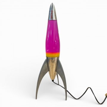 Tischlampe, Lavalampe, TELSTAR, Rakete Chrom/Glas, farbige Ölfüllung, dreiteilig, H 50cm, E14 SK2