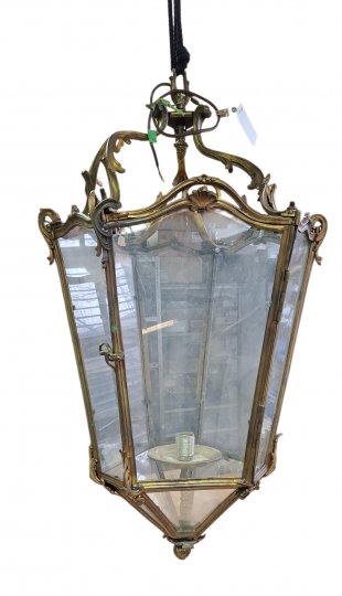 Laterne groß Bronze, 6 eck.,mit  großen u. kleinen Rahmen u. Spitze kompl. verglast ,1flg., Rok., h 95cm, ø 55cm, E27 SK1