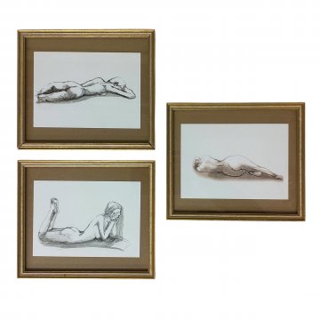 Bild (mR) Druck, Akt, Zeichnung, liegendes Mädchen, schwarz-weiß-grau, braunes PPT, goldfarbener schmaler Holzrahmen, 27x23