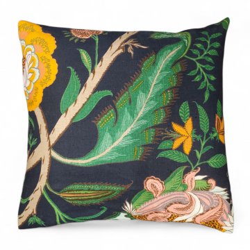 Kissen 40x45 dunkelblaugrundig, großes Blumenmuster in grün / orange / rosa