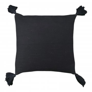 Kissen 45x45, schwarz, Leinenartige Baumwolle, grob gewebt, Quasten an den Ecken