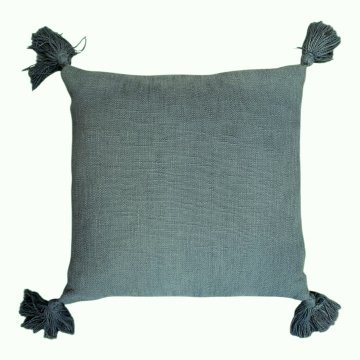 Kissen 45x45, graublau, Leinenartige Baumwolle, grob gewebt, Quasten an den Ecken