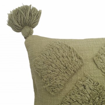 Kissen 40x60, pistazie, Leinenartige Baumwolle, grob gewebt, Rauten getuftet, Quasten an den Ecken
