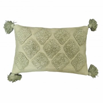 Kissen 40x60, pistazie, Leinenartige Baumwolle, grob gewebt, Rauten getuftet, Quasten an den Ecken