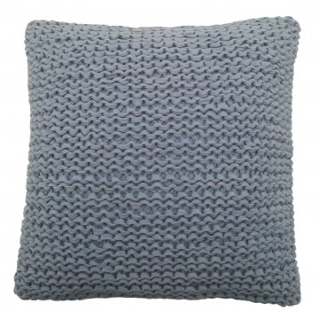 Kissen 40x40, blaugrau, Vorderseite gestrickt aus Stoffstreifen, Rückseite Baumwolle