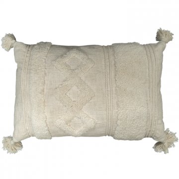 Kissen 50x70, wollweiß, Baumwolle, grob gewebt, grafisches Muster getuftet, aufgenähte Kordel, Quasten an den Ecken